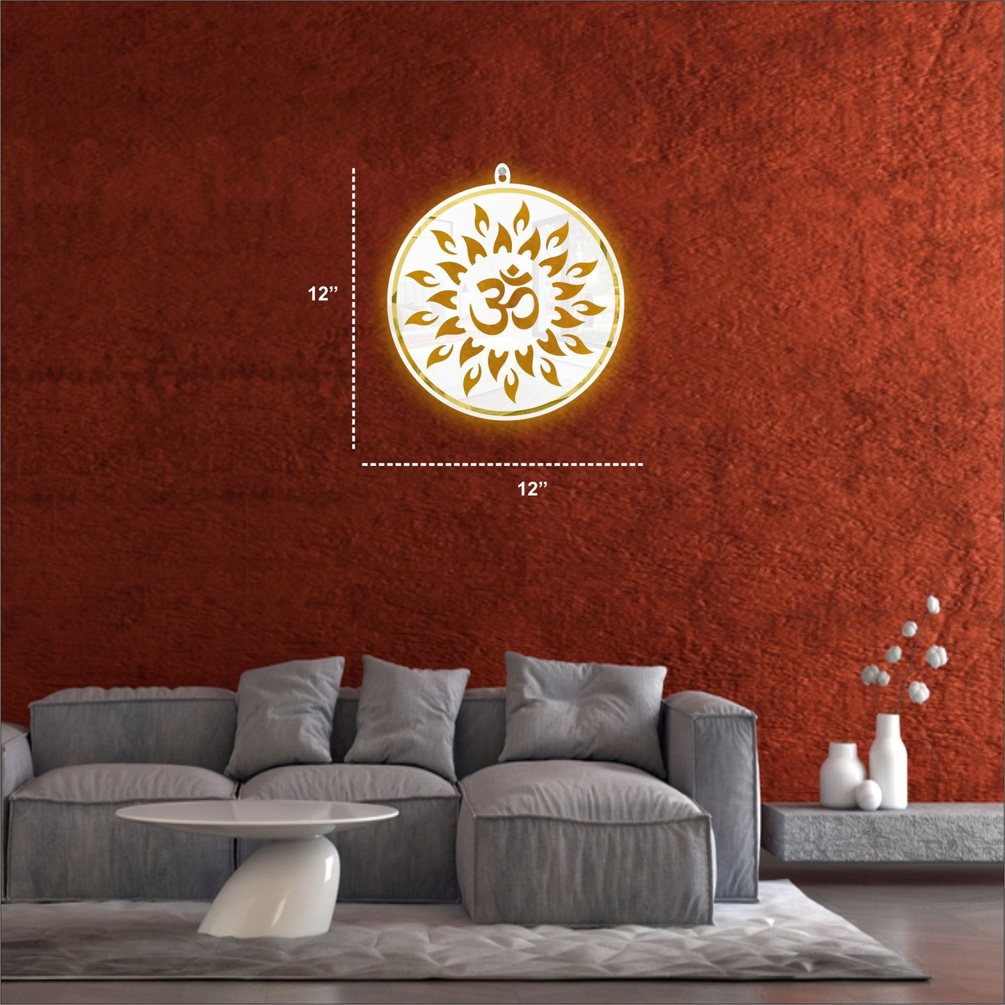 White & Golden OM Acrylic Wall Art with Warm Light