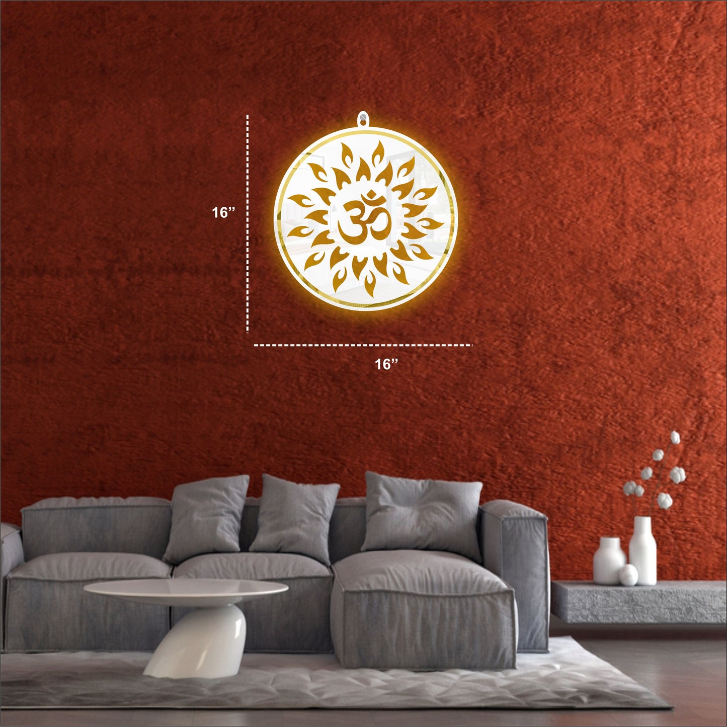 White & Golden OM Acrylic Wall Art with Warm Light