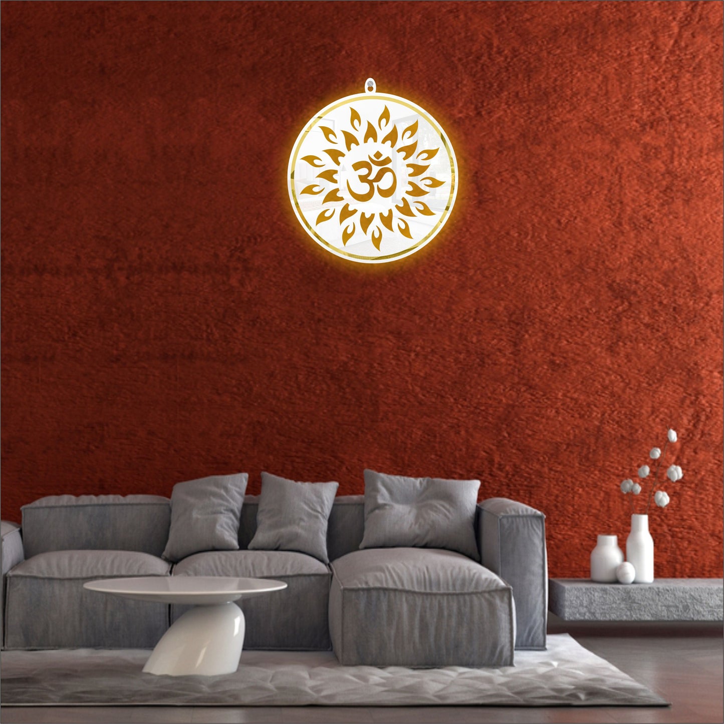 White & Golden OM Acrylic Wall Art with Warm Light