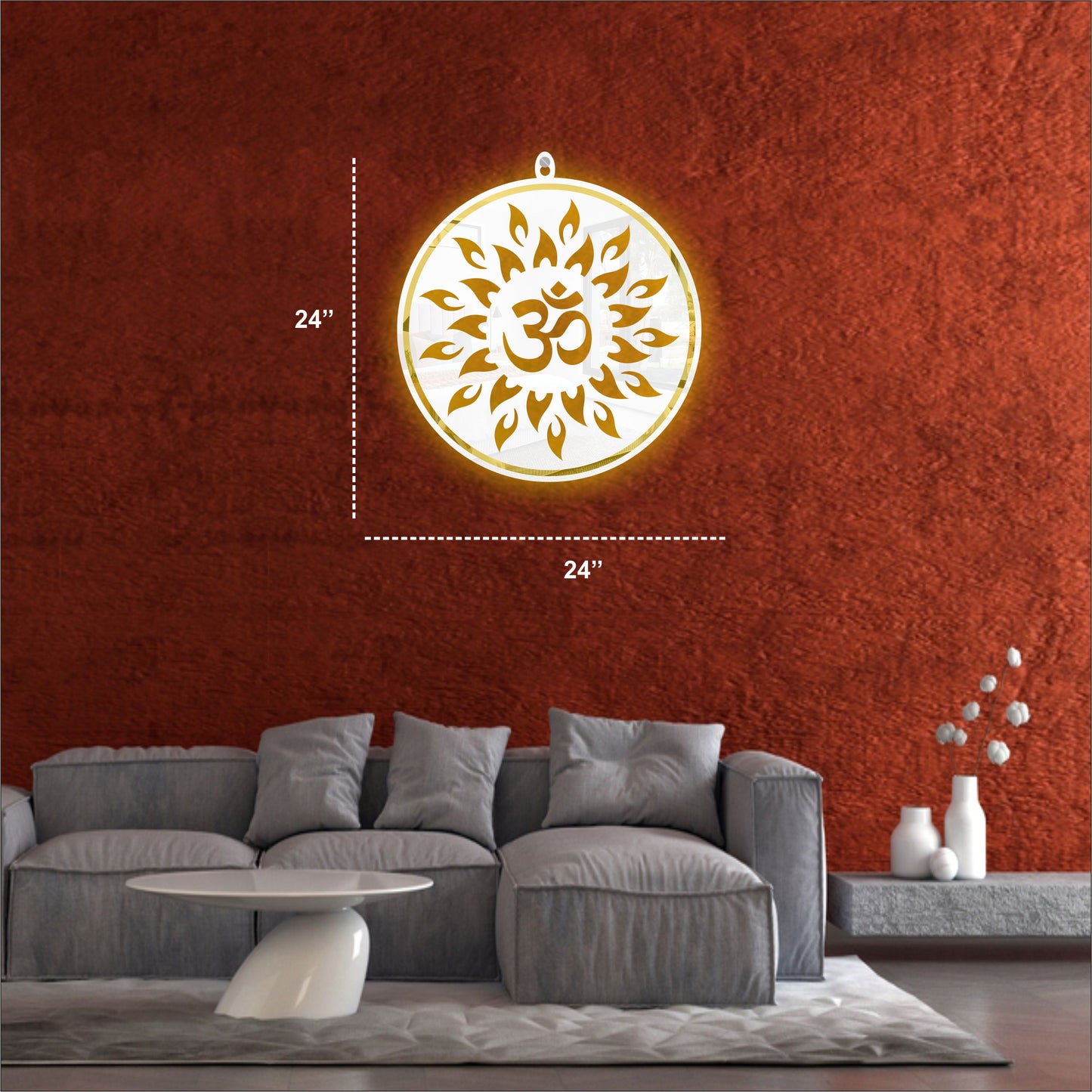 White & Golden OM Acrylic Wall Art with Warm Light