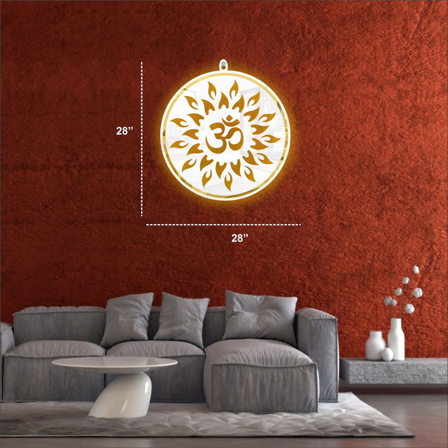 White & Golden OM Acrylic Wall Art with Warm Light