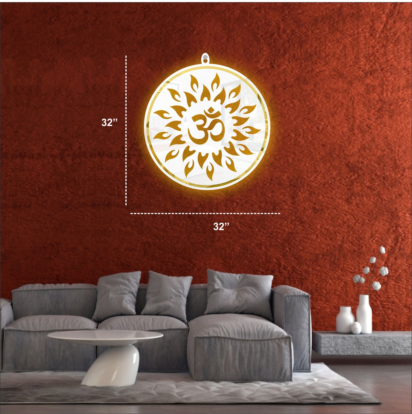 White & Golden OM Acrylic Wall Art with Warm Light