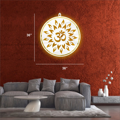 White & Golden OM Acrylic Wall Art with Warm Light