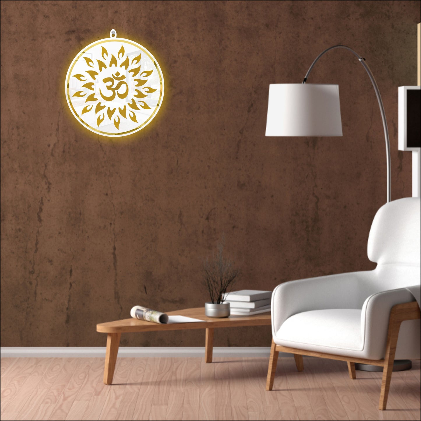 White & Golden OM Acrylic Wall Art with Warm Light