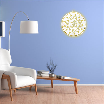 White & Golden OM Acrylic Wall Art with Warm Light