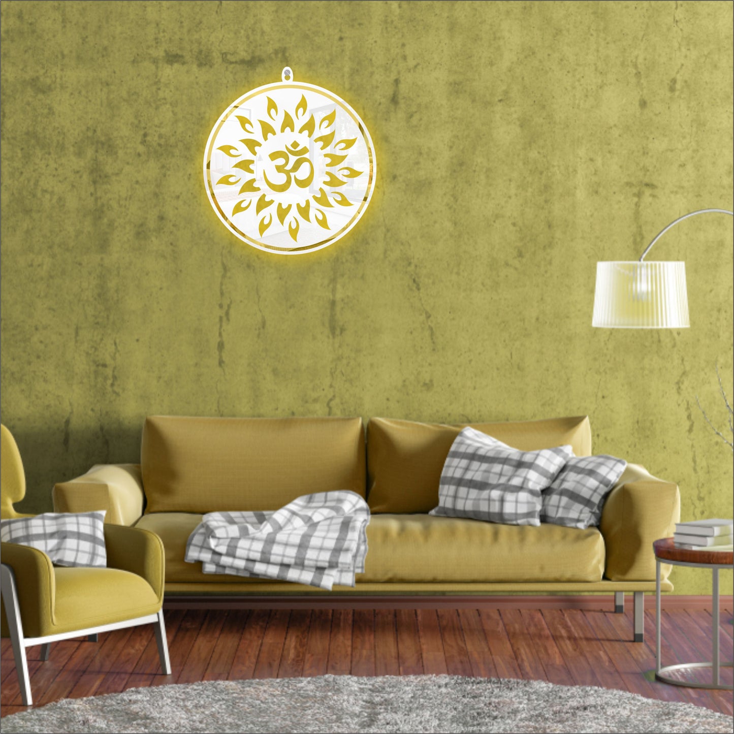 White & Golden OM Acrylic Wall Art with Warm Light