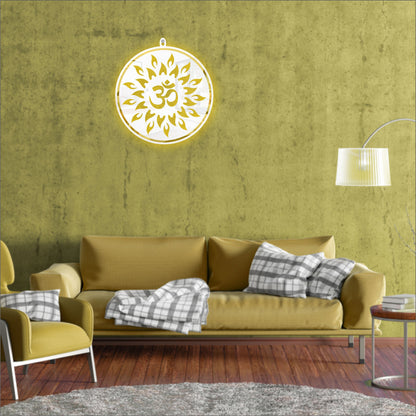 White & Golden OM Acrylic Wall Art with Warm Light